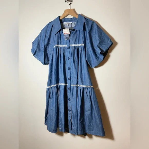 En Saison Blue Tara Puff-Sleeve Babydoll Mini Shirtdress Sz Small NEW - Picture 8 of 13